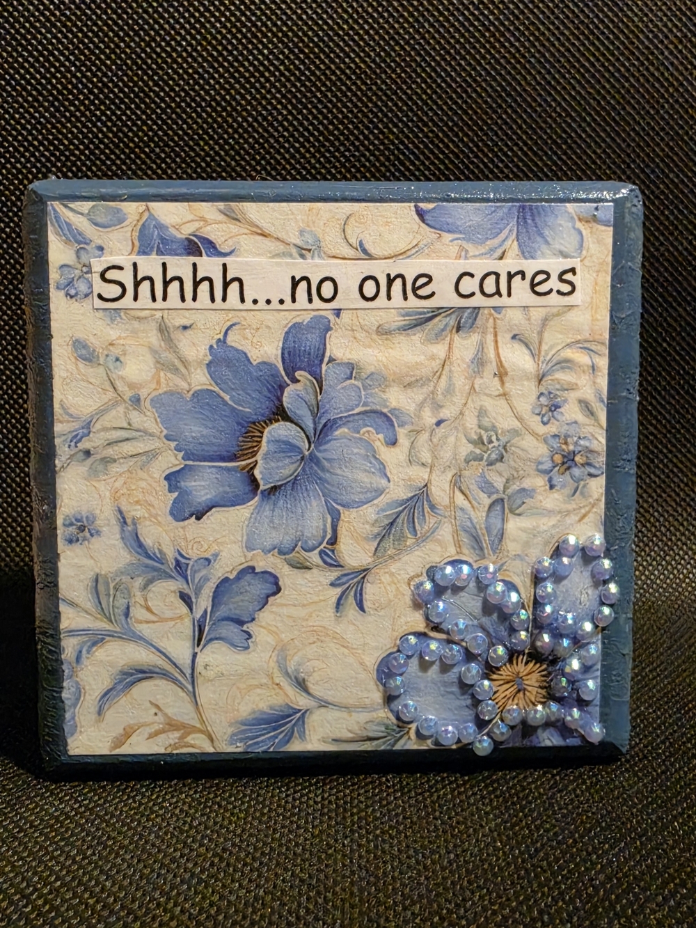 Handmade Blue Floral Wooden Plaque with Rhinestone Flower